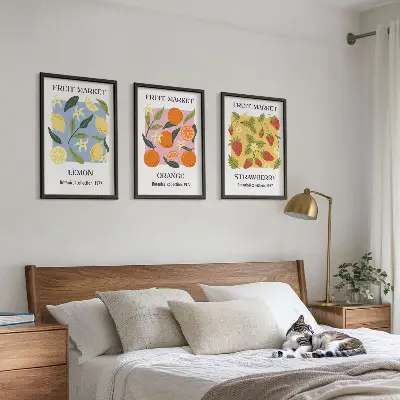 Fruchtposter Zitronen und Erdbeeren 3er-Set Wandbilder mit Rahmen
