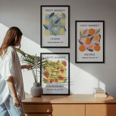 Fruchtposter Zitronen und Erdbeeren 3er-Set Wandbilder mit Rahmen