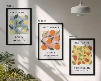 Fruchtposter Zitronen und Erdbeeren 3er-Set Wandbilder mit Rahmen