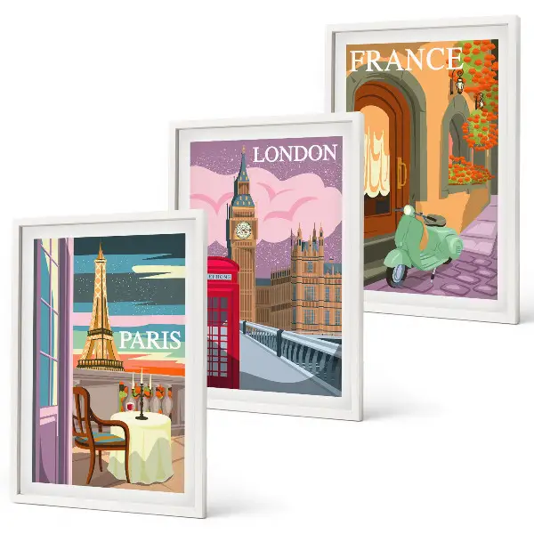 Gerahmtes Bilderset mit Ansichten von Paris und London im Retro-Stil