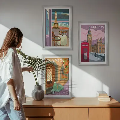 Gerahmtes Bilderset mit Ansichten von Paris und London im Retro-Stil