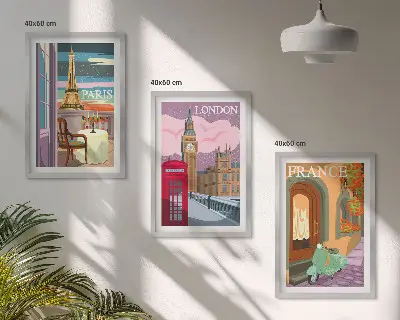 Gerahmtes Bilderset mit Ansichten von Paris und London im Retro-Stil