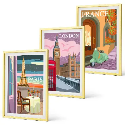 Gerahmtes Bilderset mit Ansichten von Paris und London im Retro-Stil
