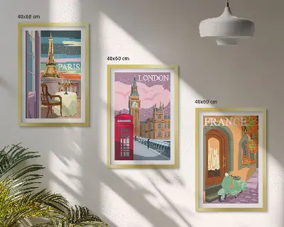 Gerahmtes Bilderset mit Ansichten von Paris und London im Retro-Stil
