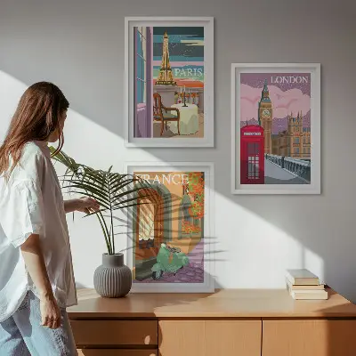 Gerahmtes Bilderset mit Ansichten von Paris und London im Retro-Stil