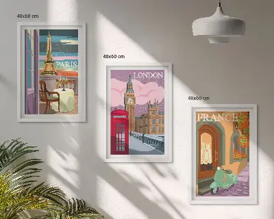 Gerahmtes Bilderset mit Ansichten von Paris und London im Retro-Stil