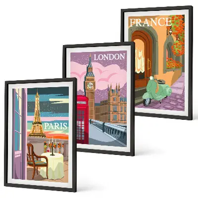 Gerahmtes Bilderset mit Ansichten von Paris und London im Retro-Stil