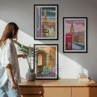 Gerahmtes Bilderset mit Ansichten von Paris und London im Retro-Stil