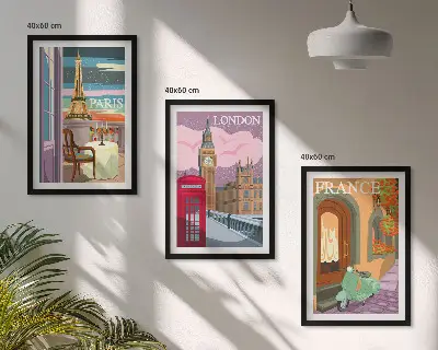 Gerahmtes Bilderset mit Ansichten von Paris und London im Retro-Stil