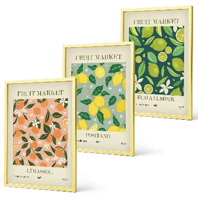 Bilder-3er-Set mit Rahmen fruchtiges Zitrusblütenmuster