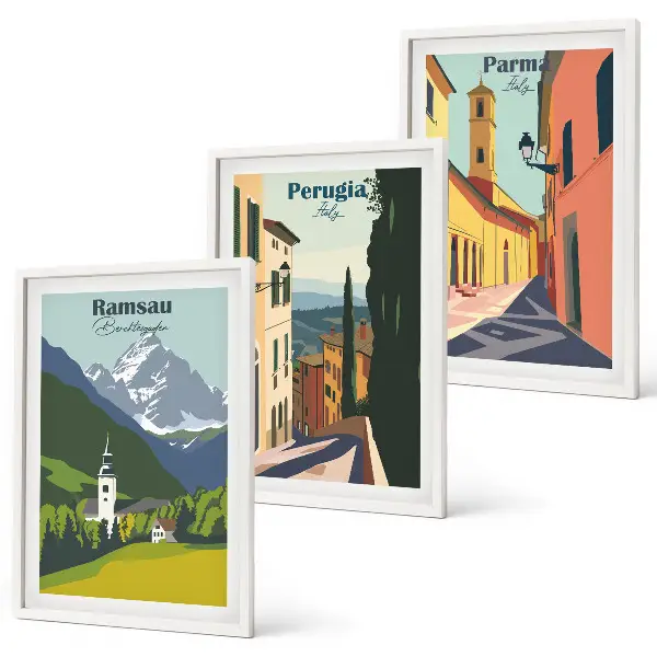 Gerahmtes Bilderset mit Berglandschaften und Italien Motiven