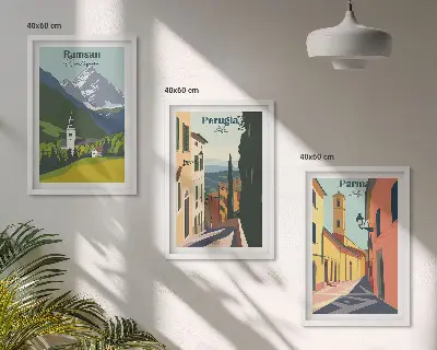 Gerahmtes Bilderset mit Berglandschaften und Italien Motiven