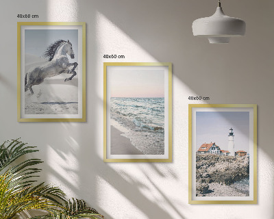 Gerahmtes bilderset Pferde, Strand, Leuchtturm, Wellen