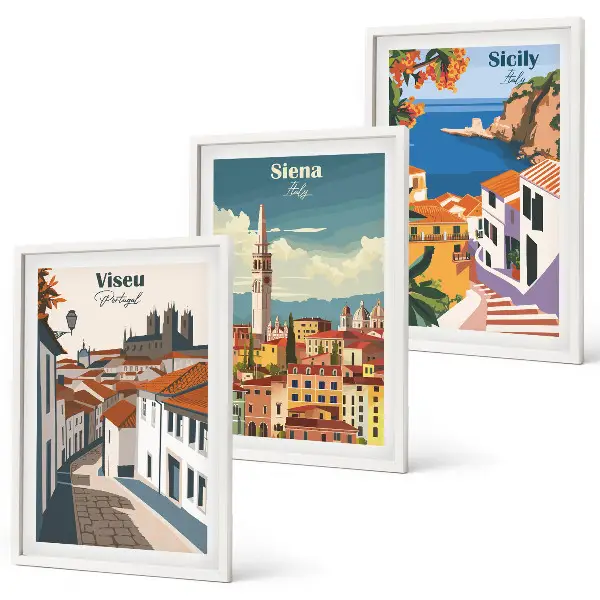 Gerahmtes Bilderset mit Retro-Illustrationen von Weltstädten