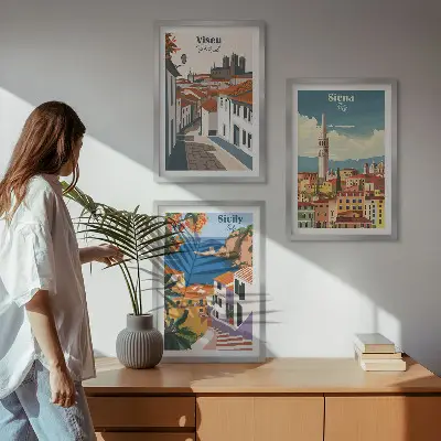 Gerahmtes Bilderset mit Retro-Illustrationen von Weltstädten