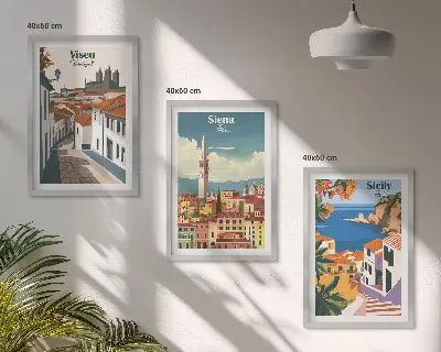 Gerahmtes Bilderset mit Retro-Illustrationen von Weltstädten