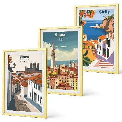 Gerahmtes Bilderset mit Retro-Illustrationen von Weltstädten