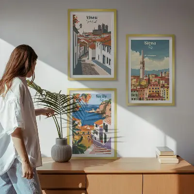 Gerahmtes Bilderset mit Retro-Illustrationen von Weltstädten