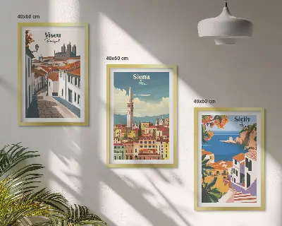 Gerahmtes Bilderset mit Retro-Illustrationen von Weltstädten