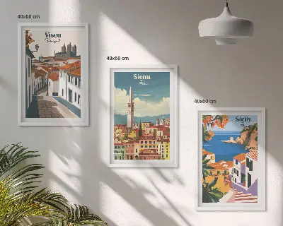 Gerahmtes Bilderset mit Retro-Illustrationen von Weltstädten