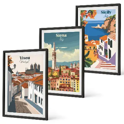 Gerahmtes Bilderset mit Retro-Illustrationen von Weltstädten