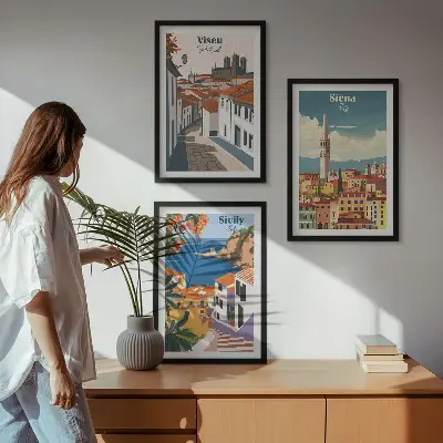 Gerahmtes Bilderset mit Retro-Illustrationen von Weltstädten