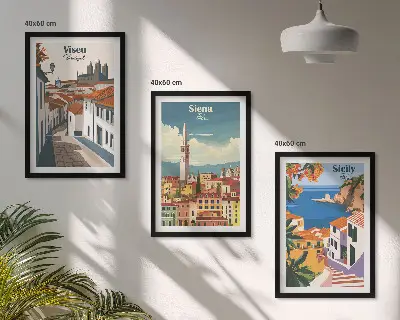 Gerahmtes Bilderset mit Retro-Illustrationen von Weltstädten