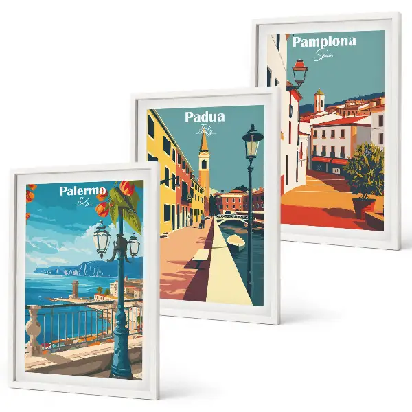 Gerahmtes Bilderset mit Retro-Stadtillustrationen