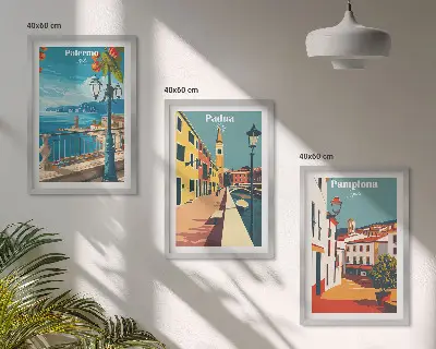 Gerahmtes Bilderset mit Retro-Stadtillustrationen