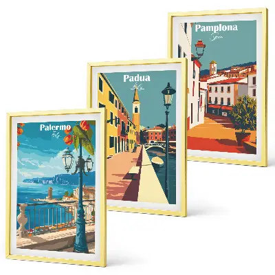 Gerahmtes Bilderset mit Retro-Stadtillustrationen