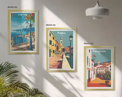 Gerahmtes Bilderset mit Retro-Stadtillustrationen