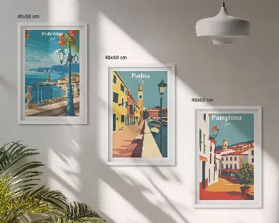 Gerahmtes Bilderset mit Retro-Stadtillustrationen