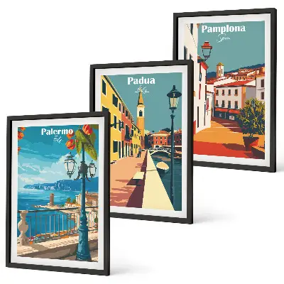 Gerahmtes Bilderset mit Retro-Stadtillustrationen