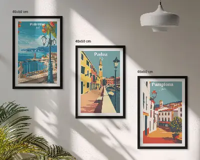 Gerahmtes Bilderset mit Retro-Stadtillustrationen