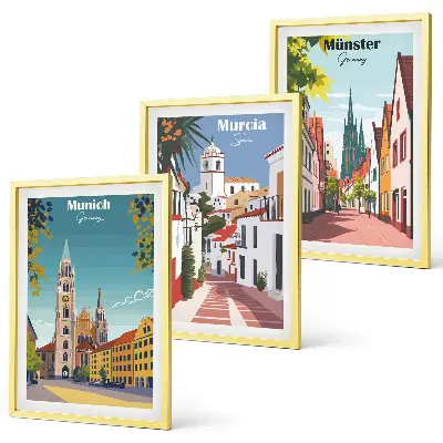 Europäische Städte in farbigen Zeichnungen 3er-Set Wandbilder mit Rahmen