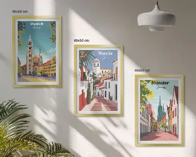 Europäische Städte in farbigen Zeichnungen 3er-Set Wandbilder mit Rahmen