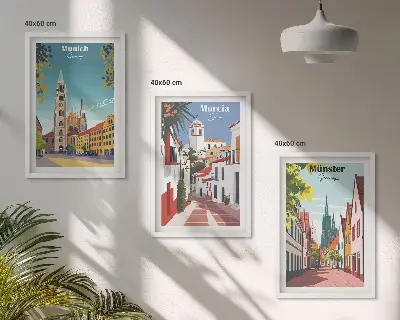 Europäische Städte in farbigen Zeichnungen 3er-Set Wandbilder mit Rahmen