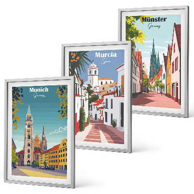 Bilder-3er-set mit rahmen Europäische Städte in farbigen Zeichnungen