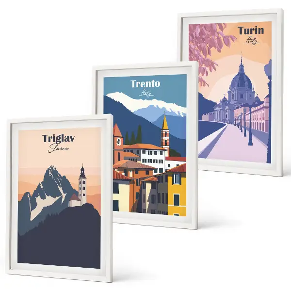 Retro-Illustrationen zur Bergarchitektur 3er-Set mit Rahmen