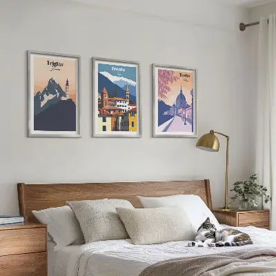 Retro-Illustrationen zur Bergarchitektur 3er-Set mit Rahmen