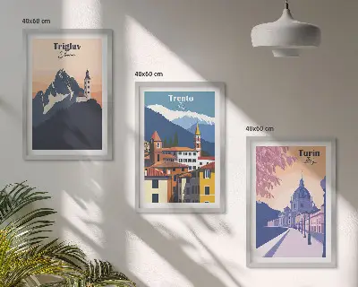 Retro-Illustrationen zur Bergarchitektur 3er-Set mit Rahmen