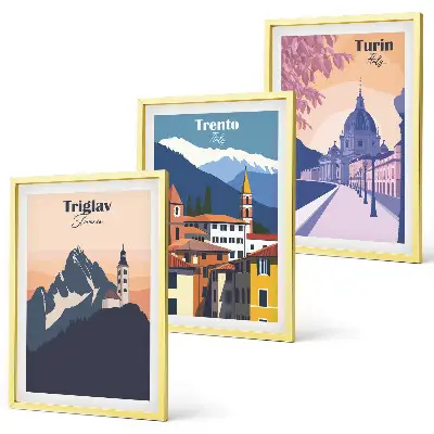 Retro-Illustrationen zur Bergarchitektur 3er-Set mit Rahmen