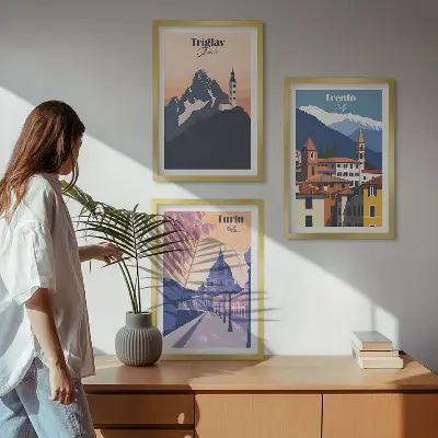 Retro-Illustrationen zur Bergarchitektur 3er-Set mit Rahmen