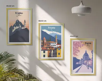 Retro-Illustrationen zur Bergarchitektur 3er-Set mit Rahmen