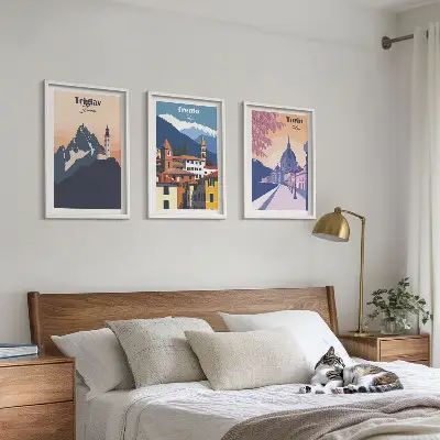 Retro-Illustrationen zur Bergarchitektur 3er-Set mit Rahmen