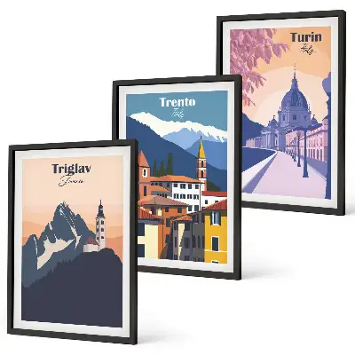 Retro-Illustrationen zur Bergarchitektur 3er-Set mit Rahmen