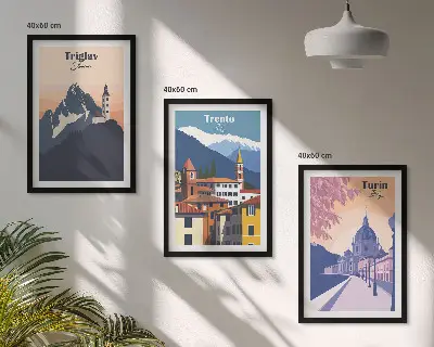 Retro-Illustrationen zur Bergarchitektur 3er-Set mit Rahmen
