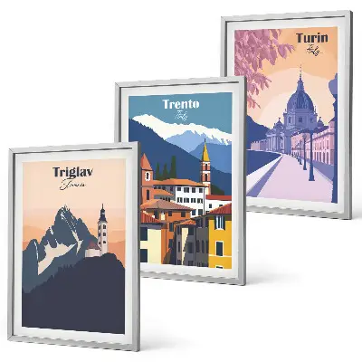 Retro-Illustrationen zur Bergarchitektur 3er-Set mit Rahmen