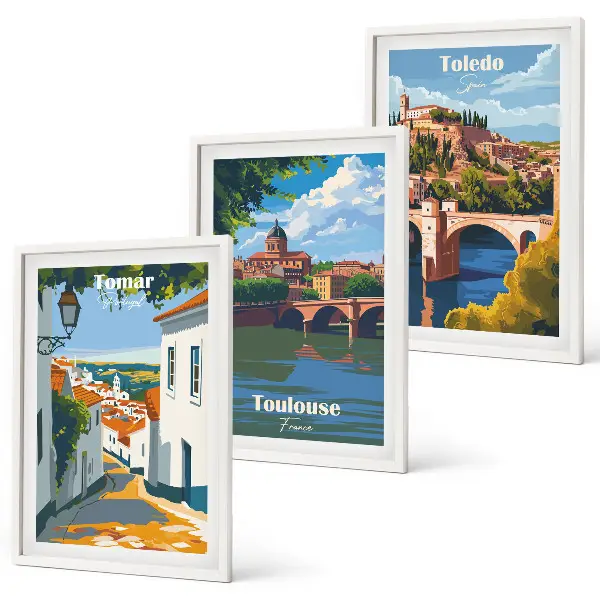 Gerahmtes Bilderset mit Retro-Stadtgrafiken