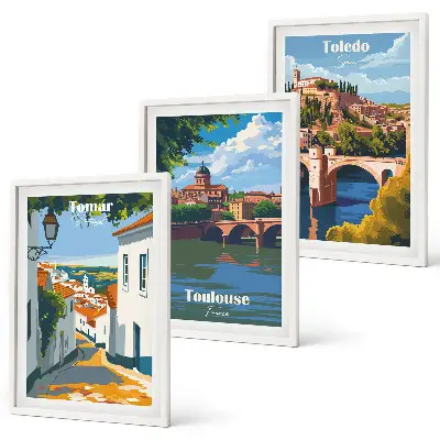 Gerahmtes Bilderset mit Retro-Stadtgrafiken